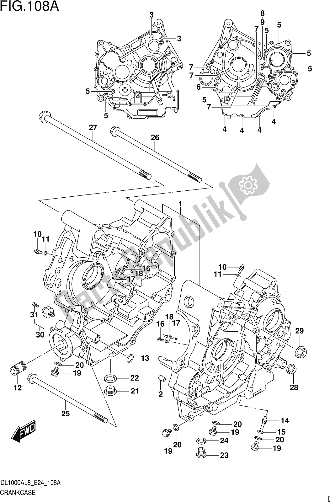 All parts for the Fig. 108a Crankcase of the Suzuki DL 1000 XA 2018