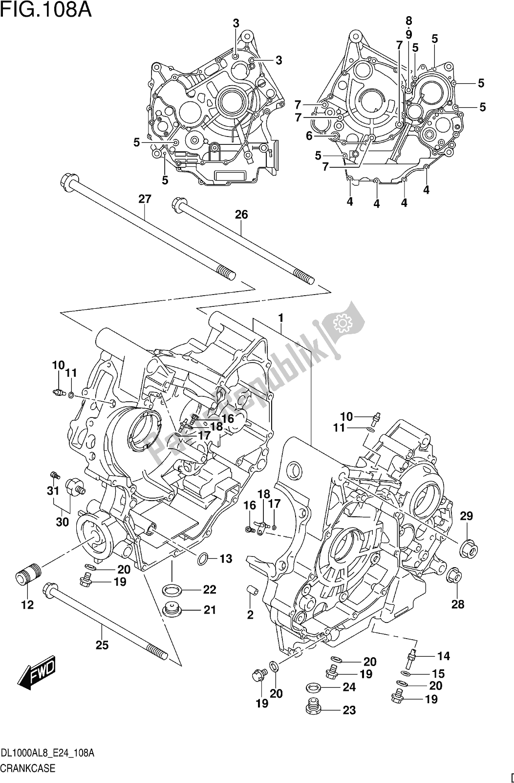 All parts for the Fig. 108a Crankcase of the Suzuki DL 1000 XA 2018