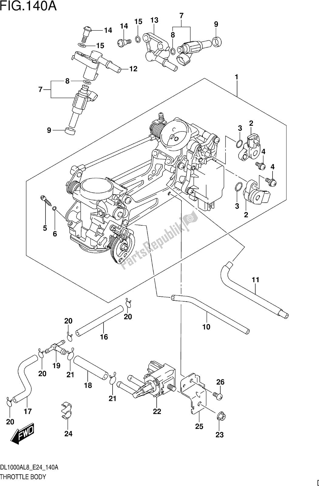 All parts for the Fig. 140a Throttle Body of the Suzuki DL 1000 XA 2018