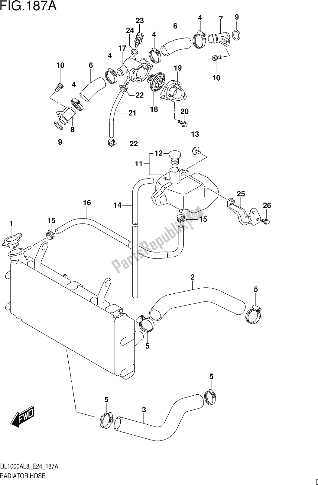 All parts for the Fig. 187a Radiator Hose of the Suzuki DL 1000 XA 2018