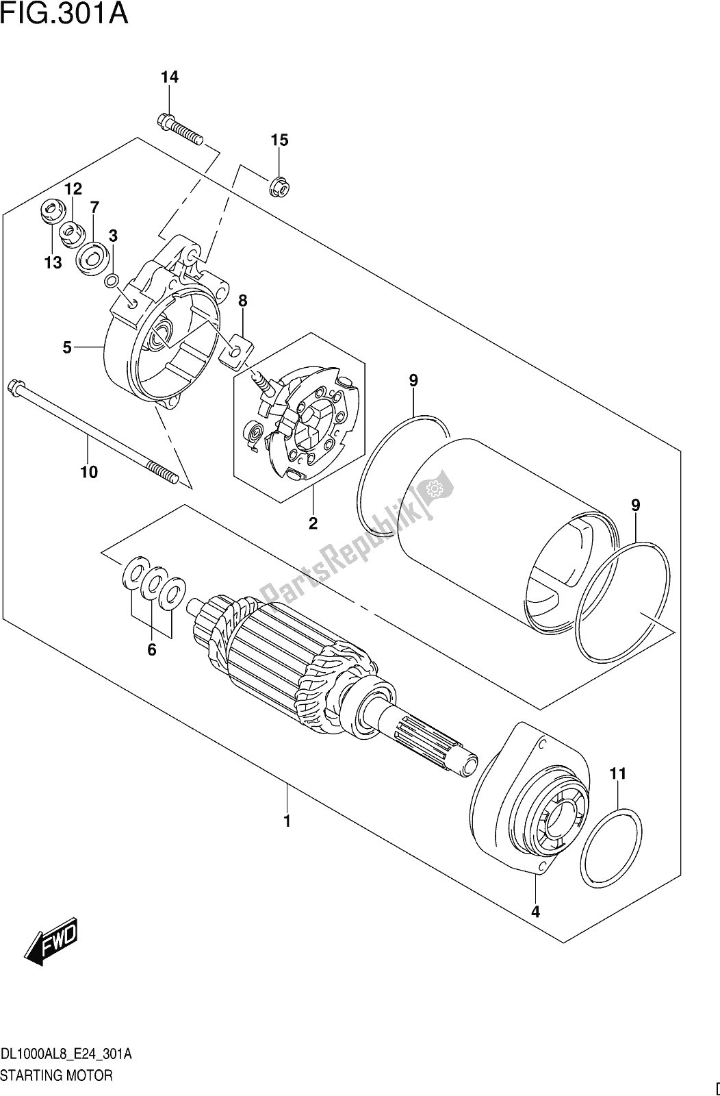 All parts for the Fig. 301a Starting Motor of the Suzuki DL 1000 XA 2018