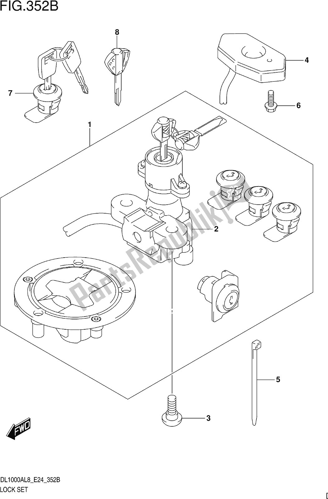 All parts for the Fig. 352b Lock Set (for Top Case,side Case) of the Suzuki DL 1000 XA 2018