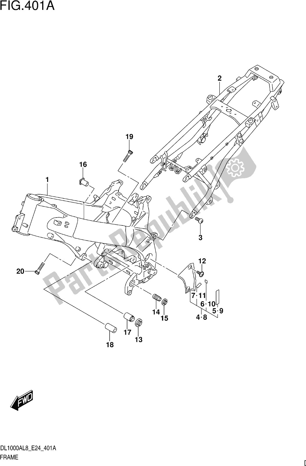 All parts for the Fig. 401a Frame of the Suzuki DL 1000 XA 2018