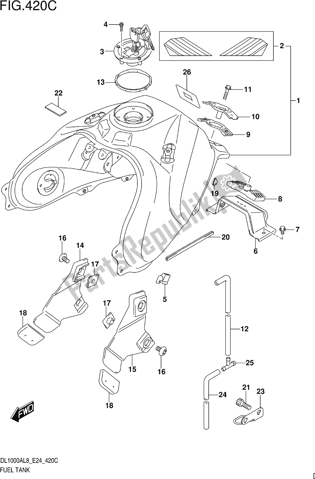 Toutes les pièces pour le Fig. 420c Fuel Tank (dl1000xal8 E24) du Suzuki DL 1000 XA 2018