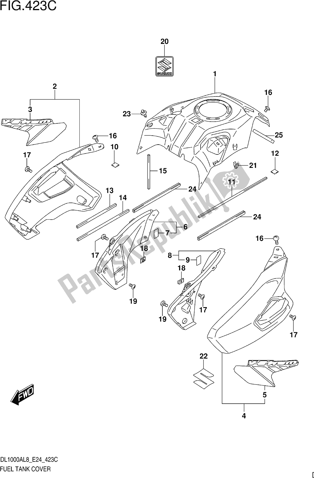 All parts for the Fig. 423c Fuel Tank Cover (dl1000xal8 E24) of the Suzuki DL 1000 XA 2018