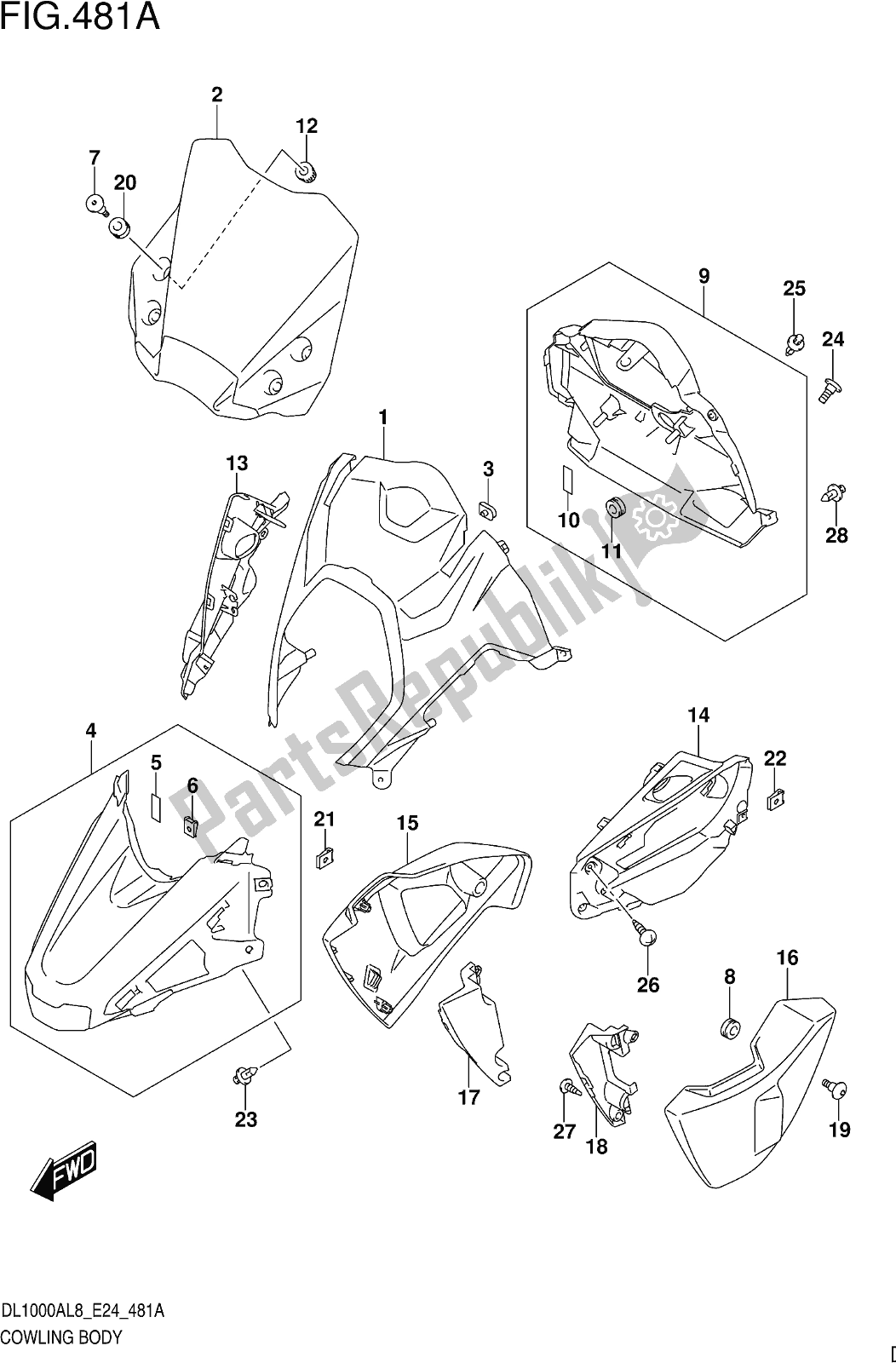 All parts for the Fig. 481a Cowling Body of the Suzuki DL 1000 XA 2018