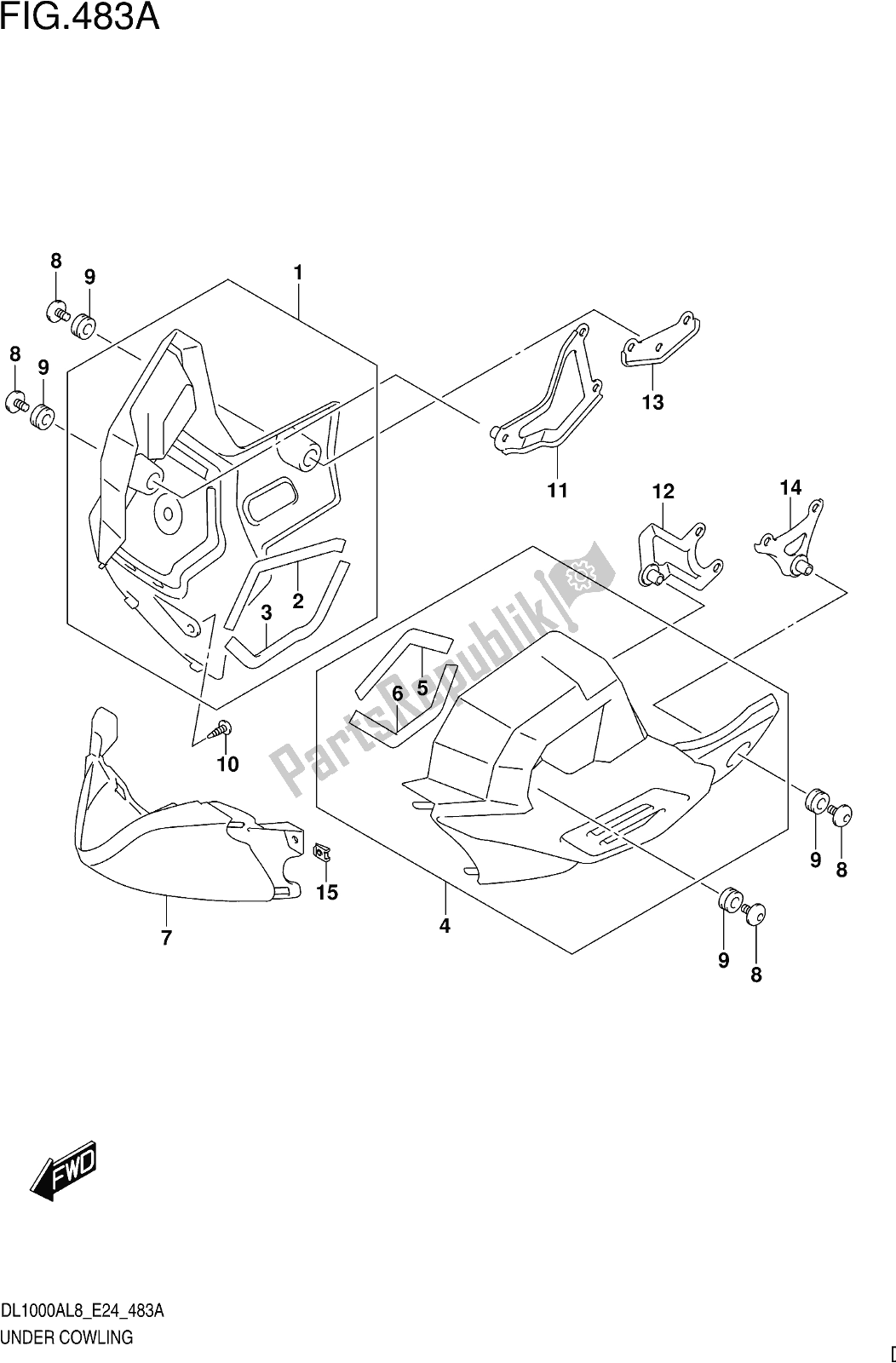 All parts for the Fig. 483a Under Cowling of the Suzuki DL 1000 XA 2018