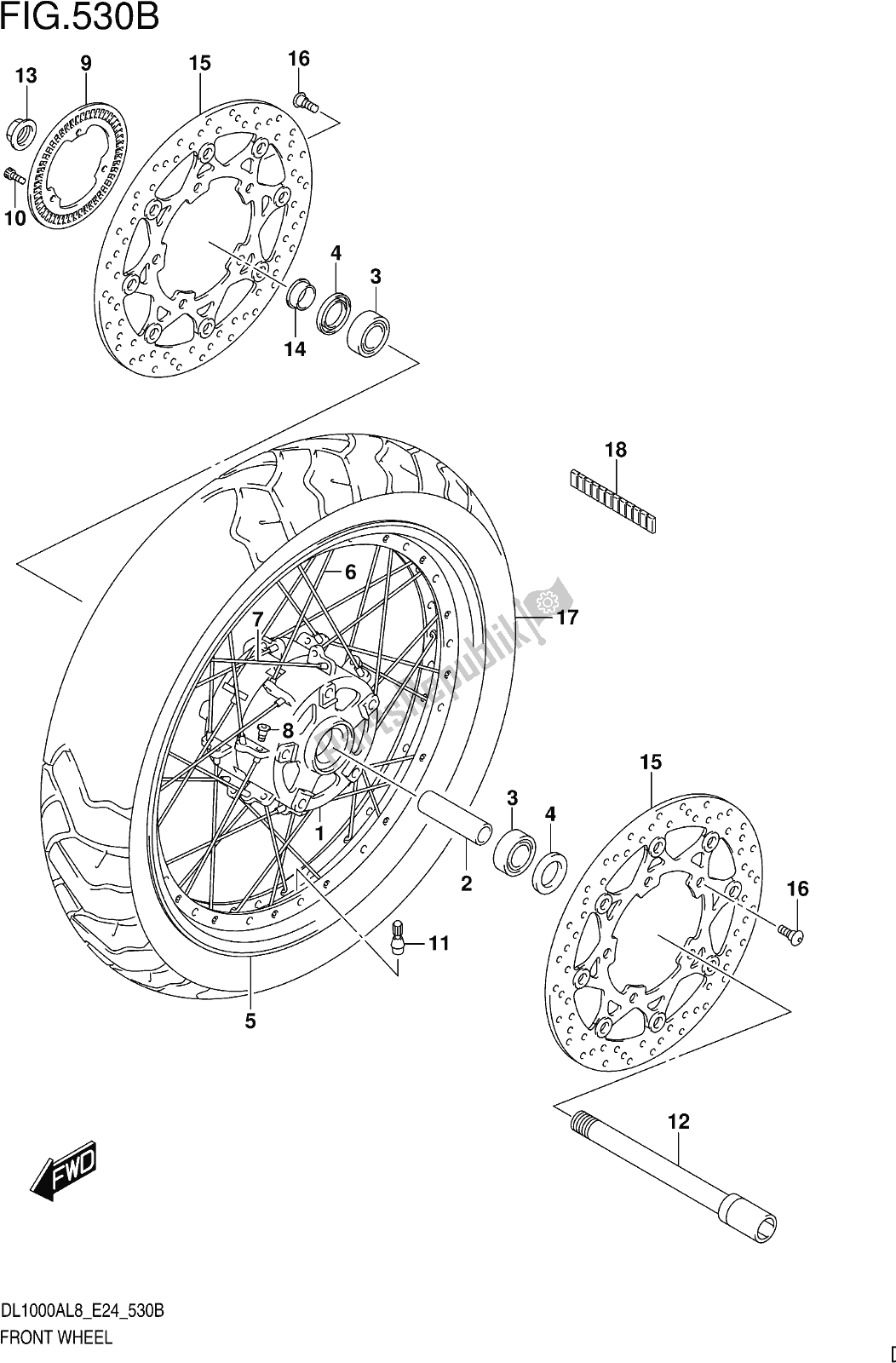 All parts for the Fig. 530b Front Wheel (dl1000xal8 E24) of the Suzuki DL 1000 XA 2018