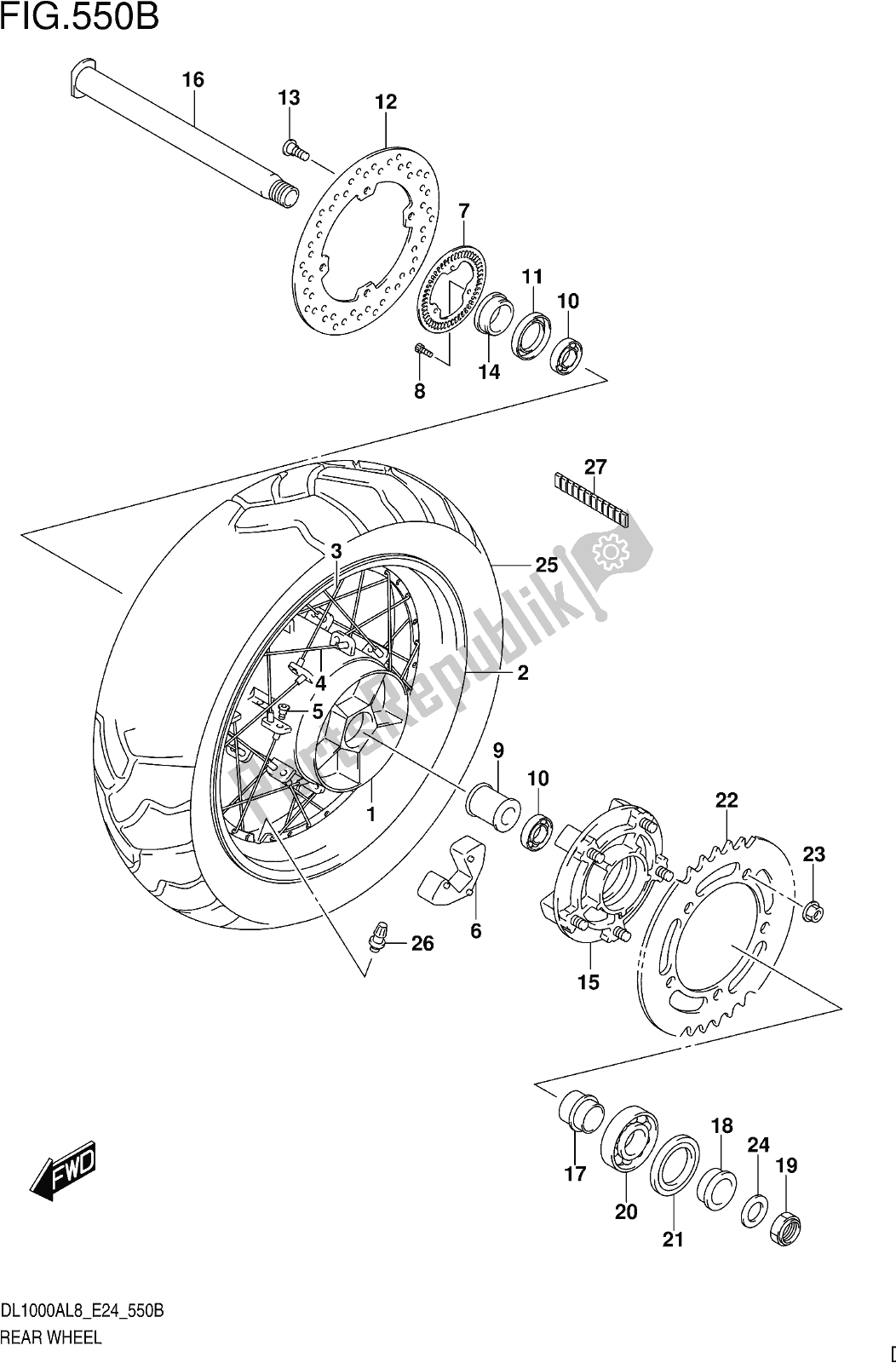 All parts for the Fig. 550b Rear Wheel (dl1000xal8 E24) of the Suzuki DL 1000 XA 2018