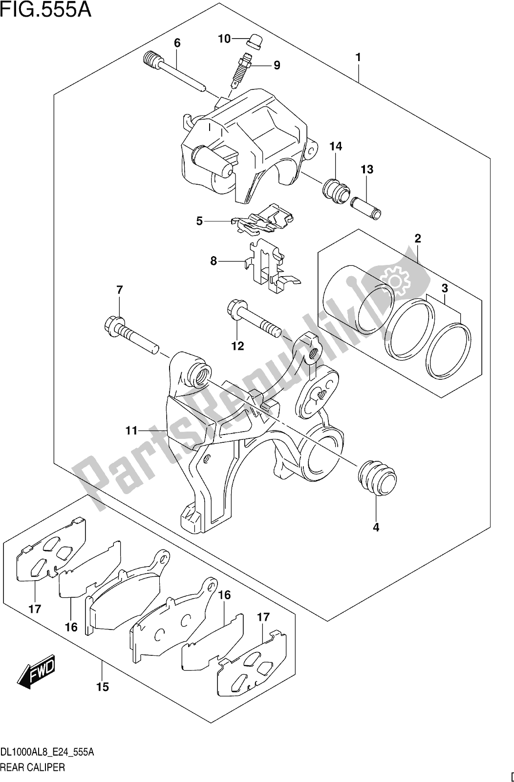 All parts for the Fig. 555a Rear Caliper of the Suzuki DL 1000 XA 2018