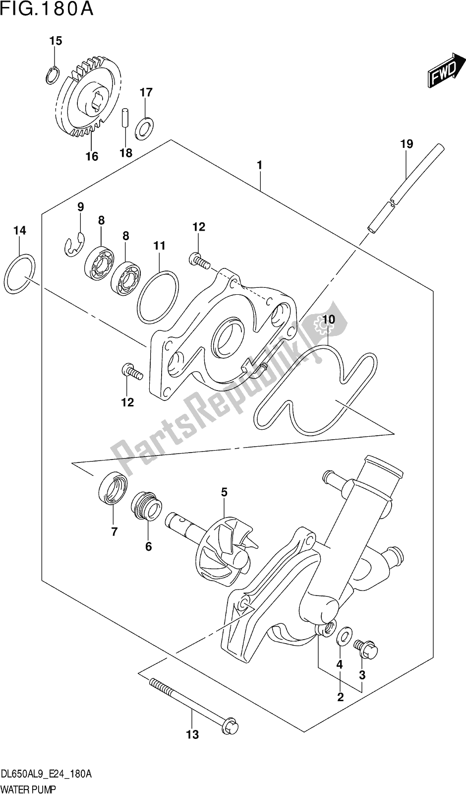 All parts for the Fig. 180a Water Pump of the Suzuki DL 650A V Strom 2019