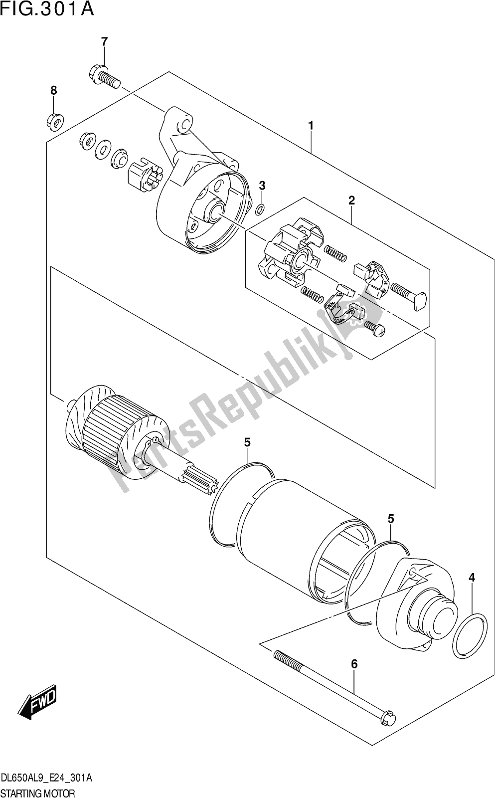 All parts for the Fig. 301a Starting Motor of the Suzuki DL 650A V Strom 2019