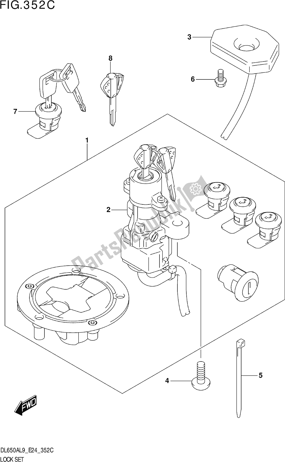 All parts for the Fig. 352c Lock Set (for Top Case,side Case) of the Suzuki DL 650A V Strom 2019
