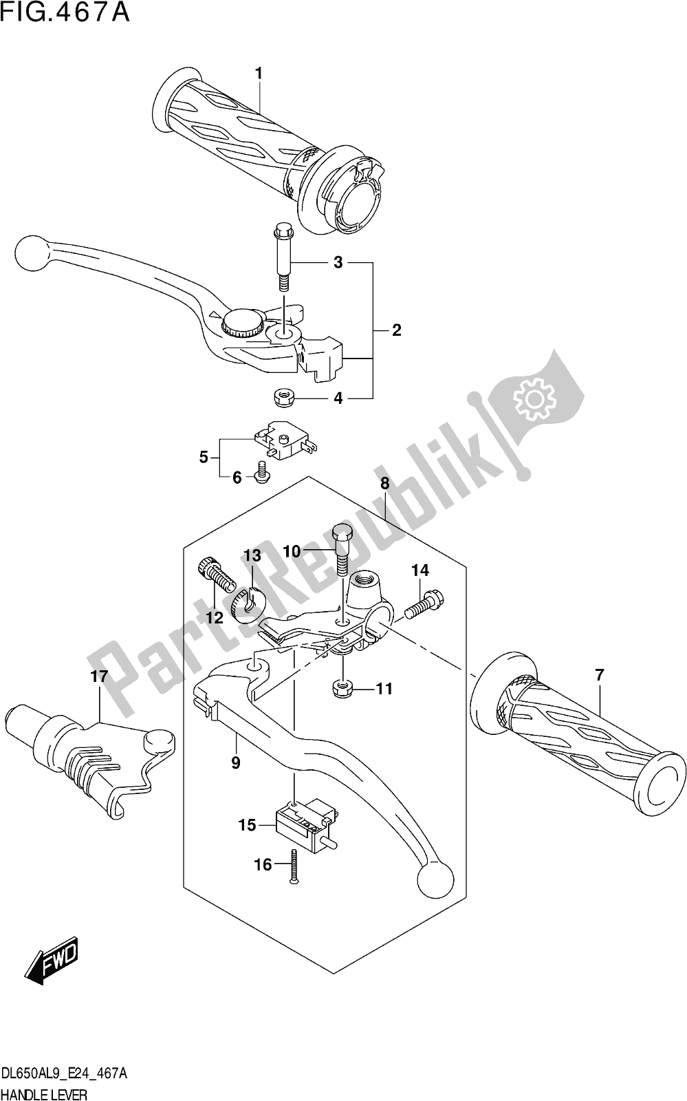 All parts for the Fig. 467a Handle Lever (dl650a,dl650aue) of the Suzuki DL 650A V Strom 2019
