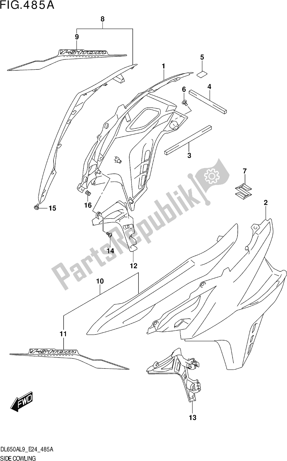 Alle onderdelen voor de Fig. 485a Side Cowling (dl650a,dl650aue) van de Suzuki DL 650A V Strom 2019