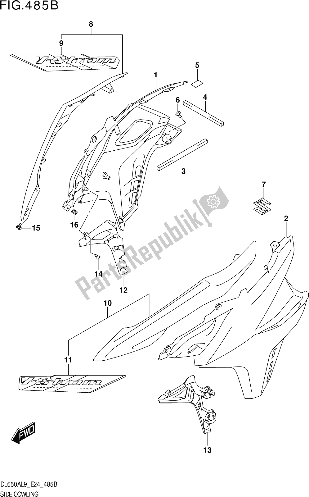 All parts for the Fig. 485b Side Cowling (dl650xa,dl650xaue) of the Suzuki DL 650A V Strom 2019