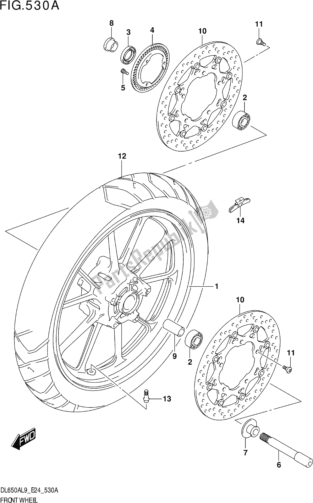 All parts for the Fig. 530a Front Wheel (dl650a,dl650aue) of the Suzuki DL 650A V Strom 2019