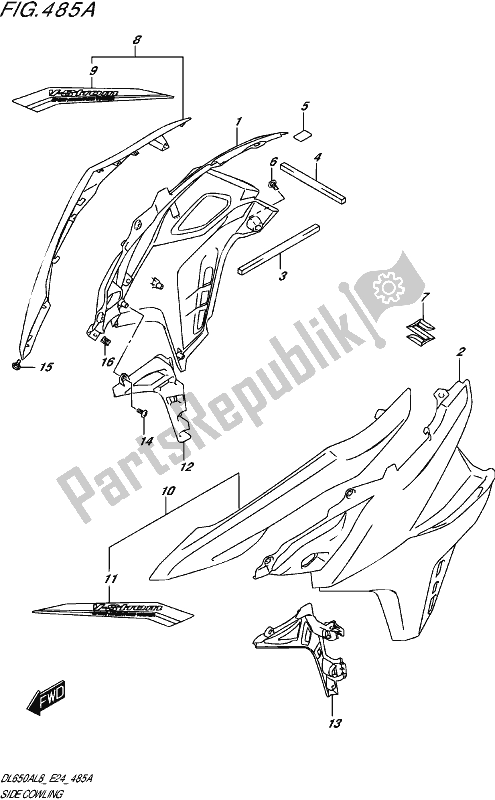 All parts for the Side Cowling (dl650a,dl650aue) of the Suzuki DL 650 AUE V Strom 2018