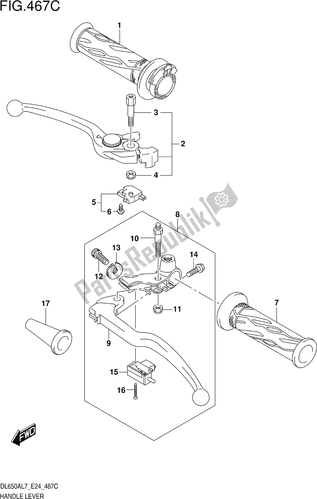 All parts for the Fig. 467c Handle Lever (dl650xal7 E24) of the Suzuki DL 650 XA V Strom 2017