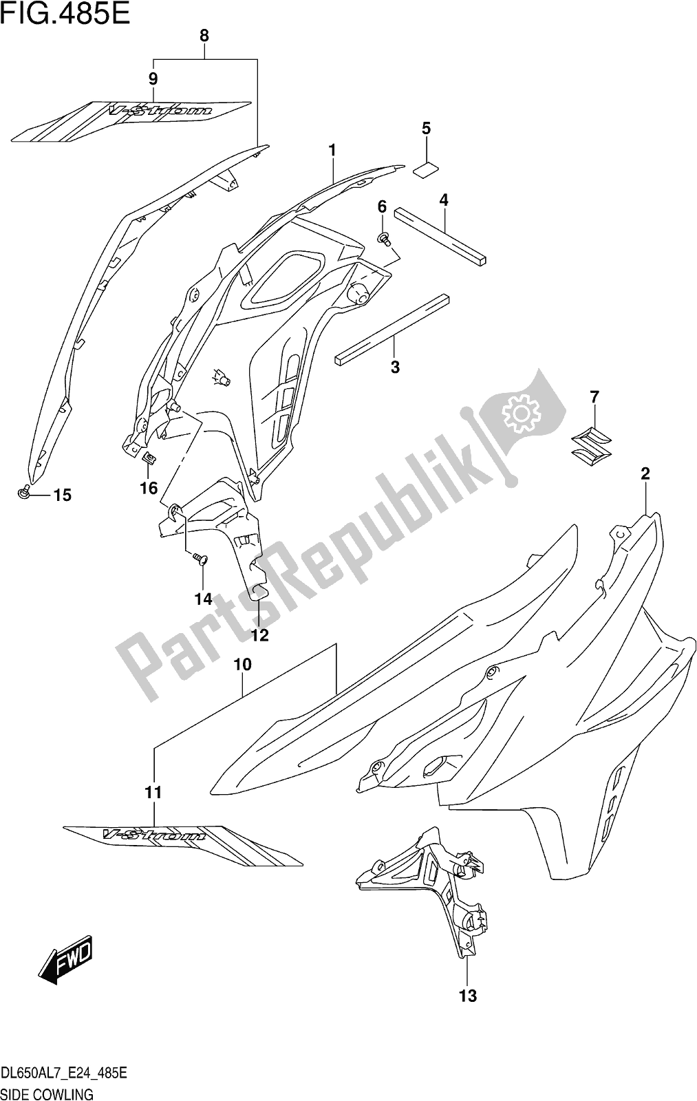 Todas las partes para Fig. 485e Side Cowling (dl650xal7 E24) de Suzuki DL 650 XA V Strom 2017