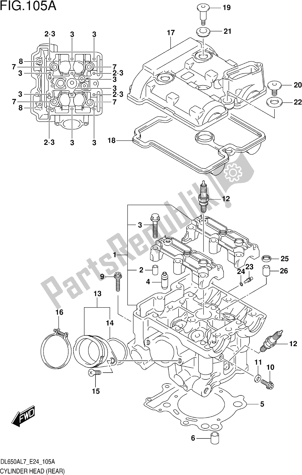 Alle onderdelen voor de Fig. 105a Cylinder Head (rear) van de Suzuki DL 650 Xaue V Strom 2017