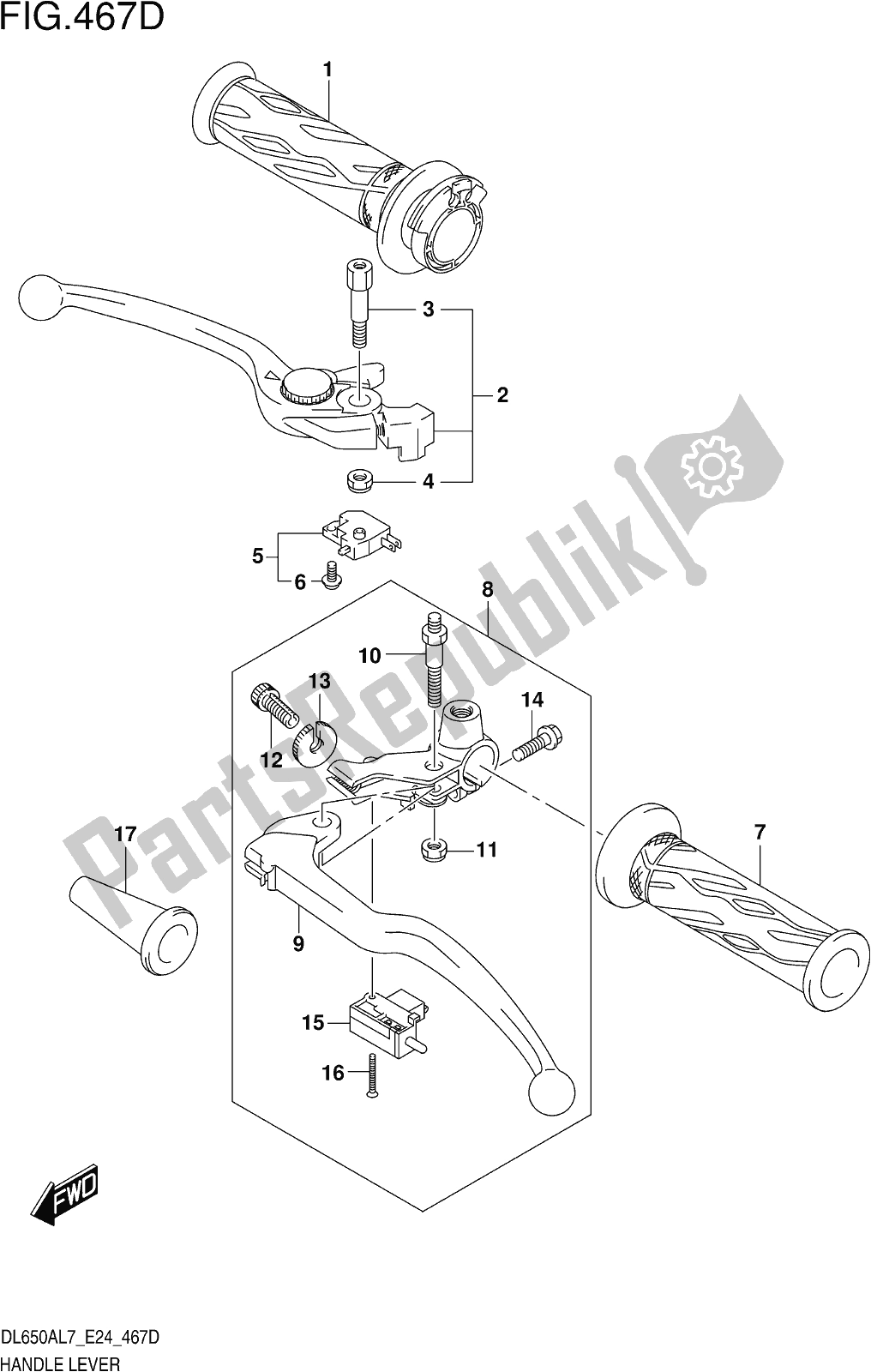 Todas as partes de Fig. 467d Handle Lever (dl650xauel7 E24) do Suzuki DL 650 Xaue V Strom 2017