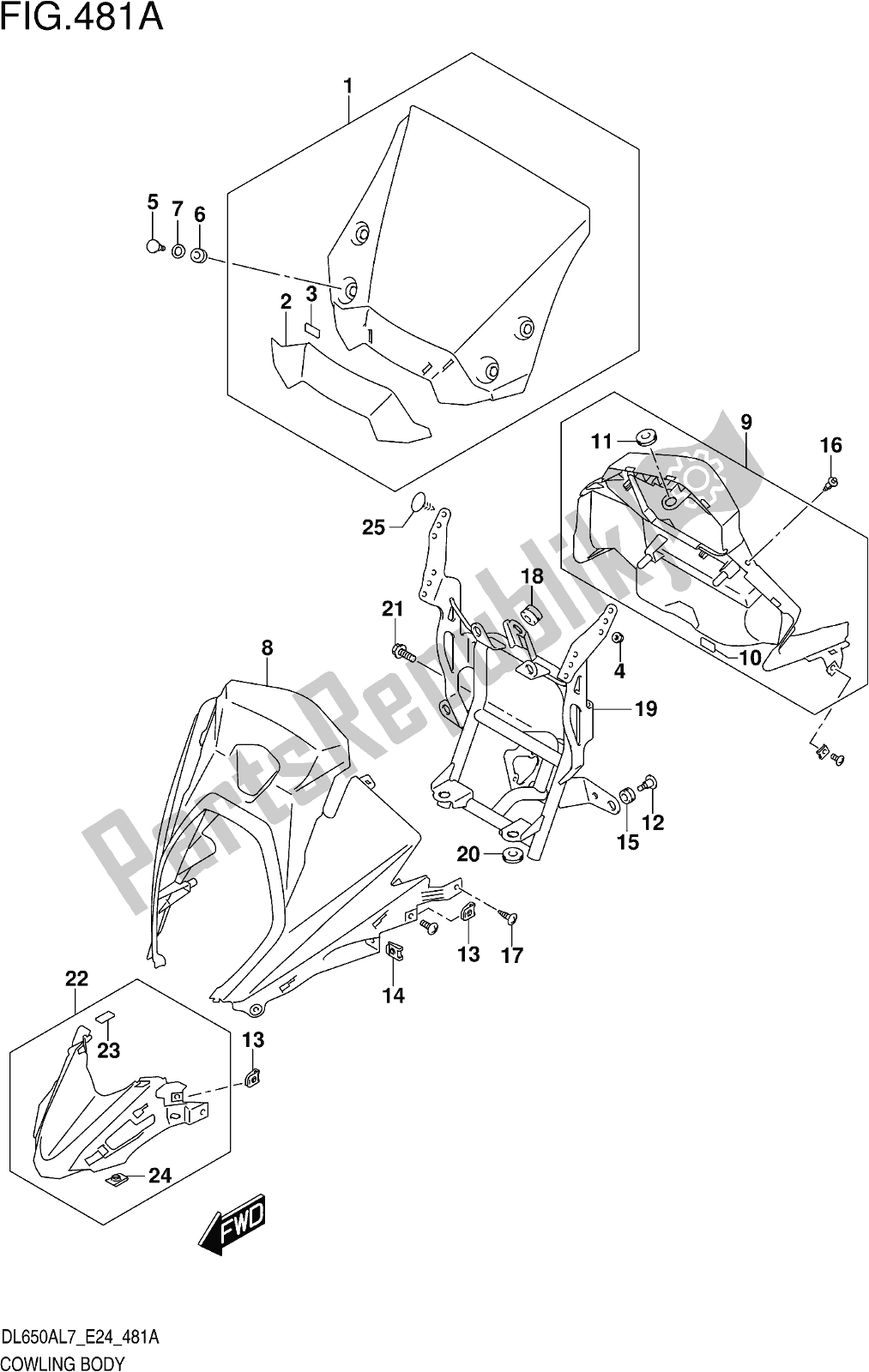 Alle onderdelen voor de Fig. 481a Cowling Body van de Suzuki DL 650 Xaue V Strom 2017