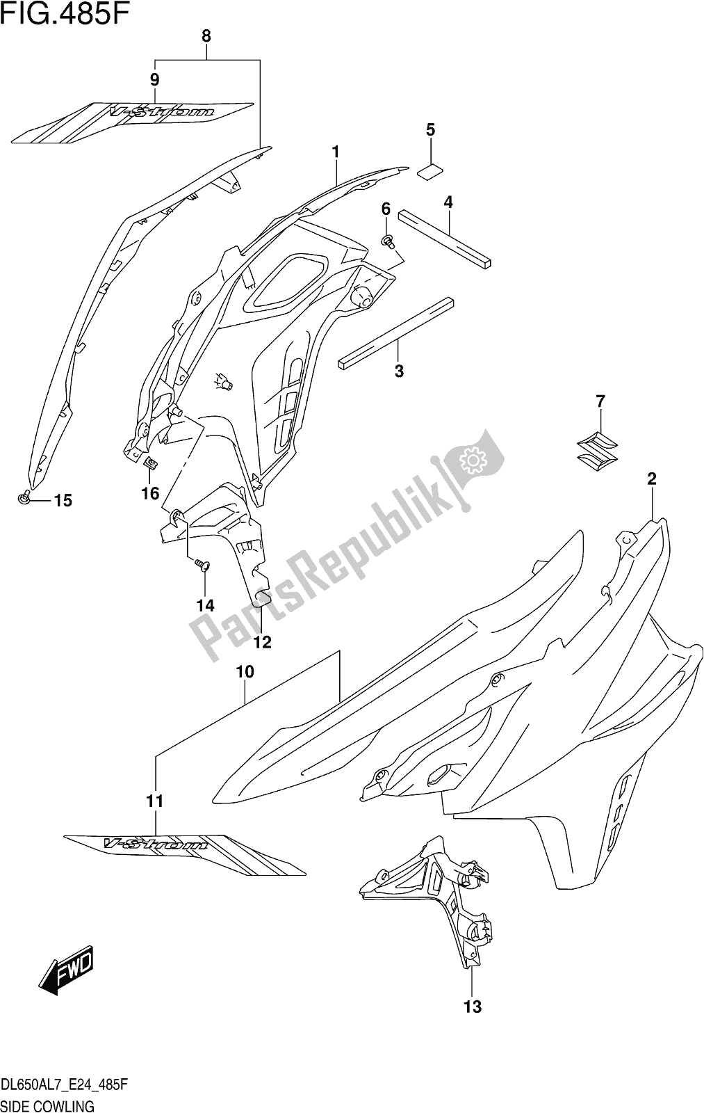 Wszystkie części do Fig. 485f Side Cowling (dl650xauel7 E24) Suzuki DL 650 Xaue V Strom 2017