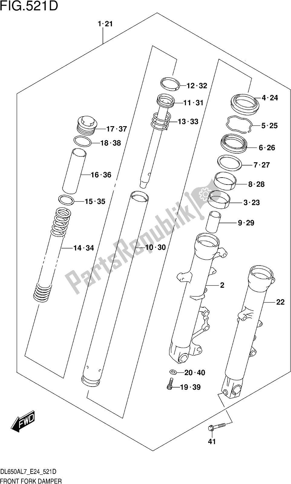 Alle onderdelen voor de Fig. 521d Front Fork Damper (dl650xauel7 E24) van de Suzuki DL 650 Xaue V Strom 2017