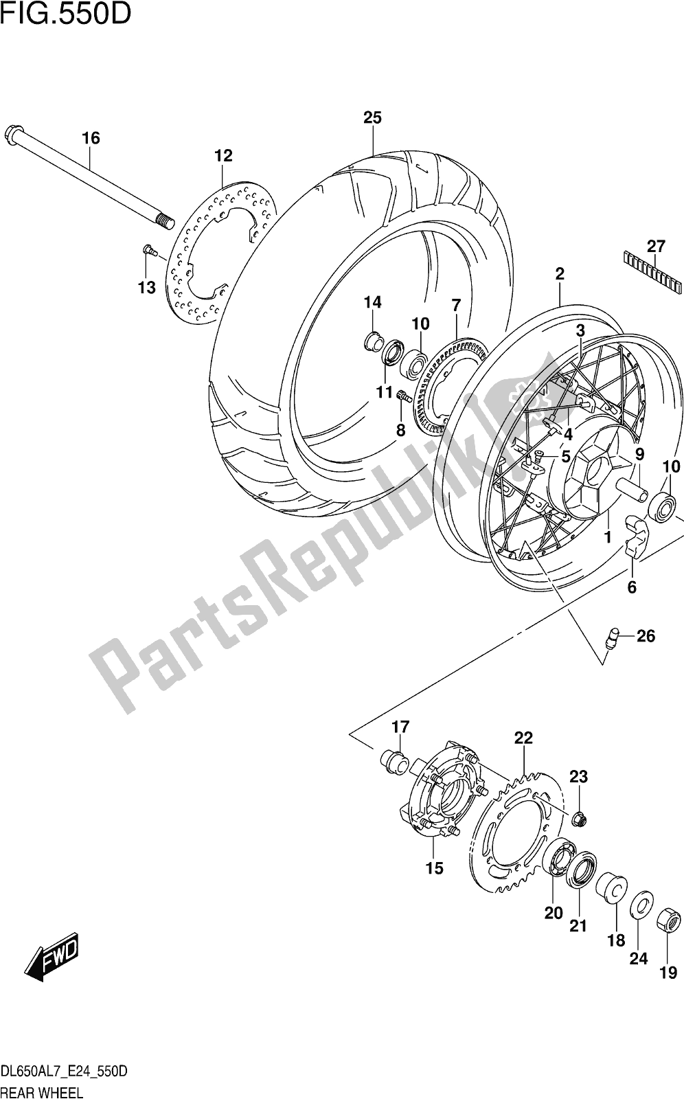 Alle onderdelen voor de Fig. 550d Rear Wheel (dl650xauel7 E24) van de Suzuki DL 650 Xaue V Strom 2017