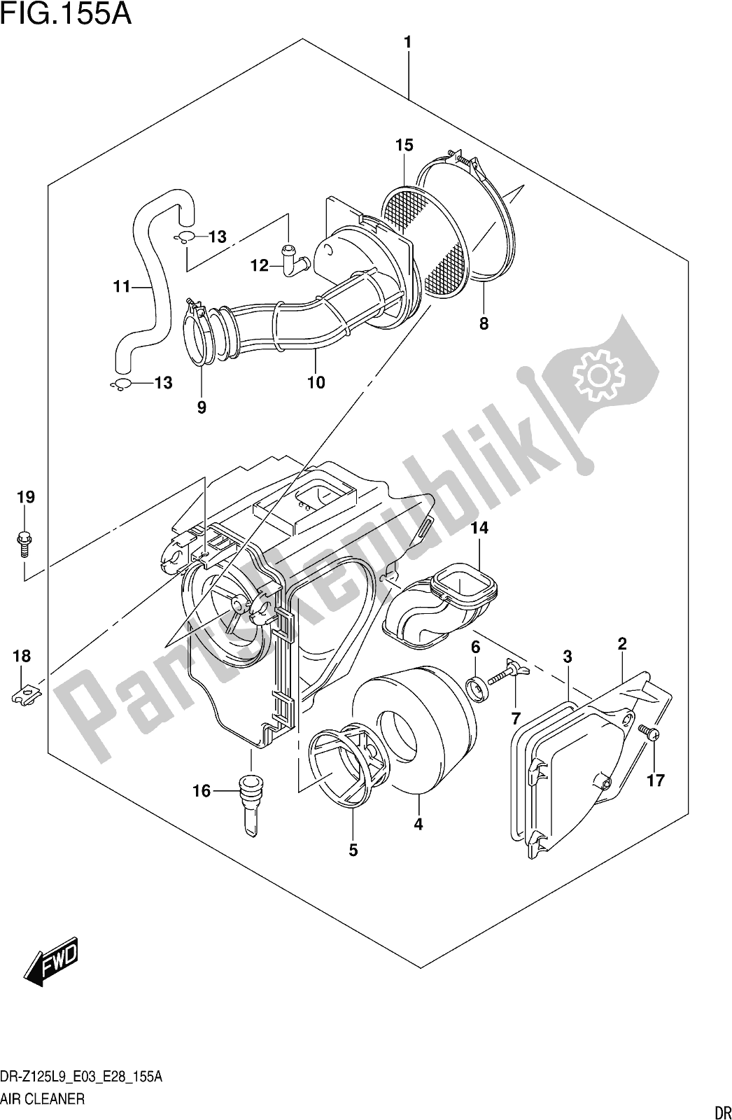 All parts for the Fig. 155a Air Cleaner of the Suzuki DR-Z 125 2019