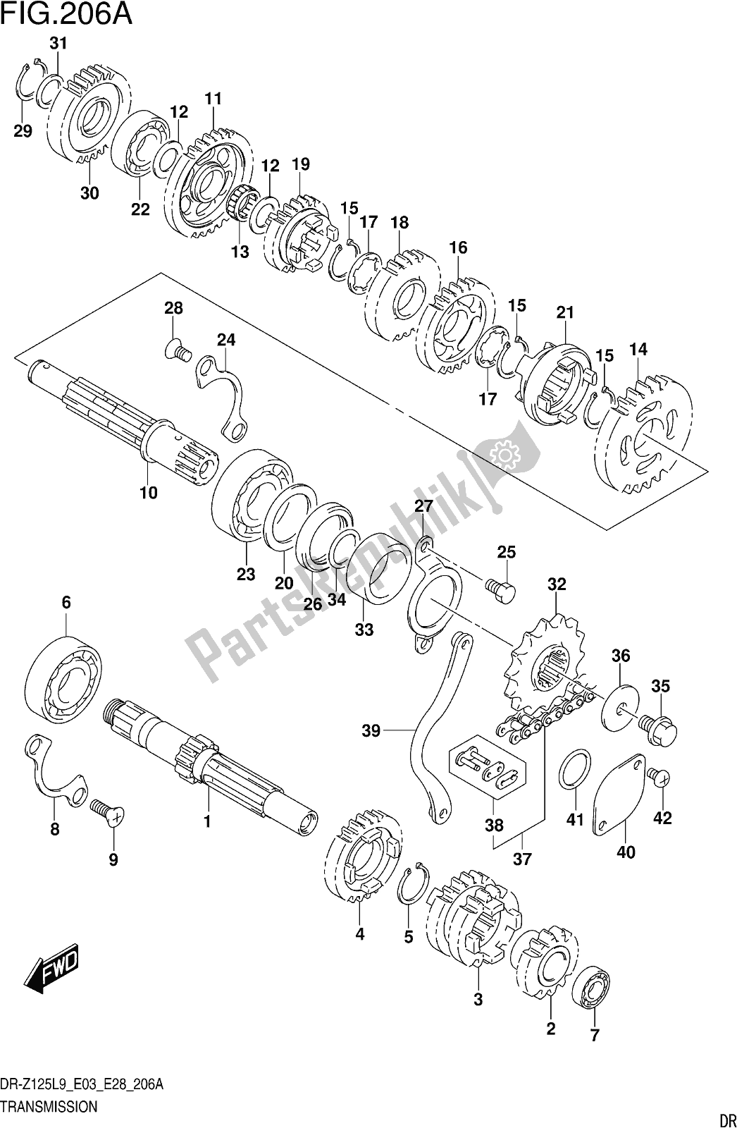 All parts for the Fig. 206a Transmission (dr-z125l9 E28) of the Suzuki DR-Z 125 2019