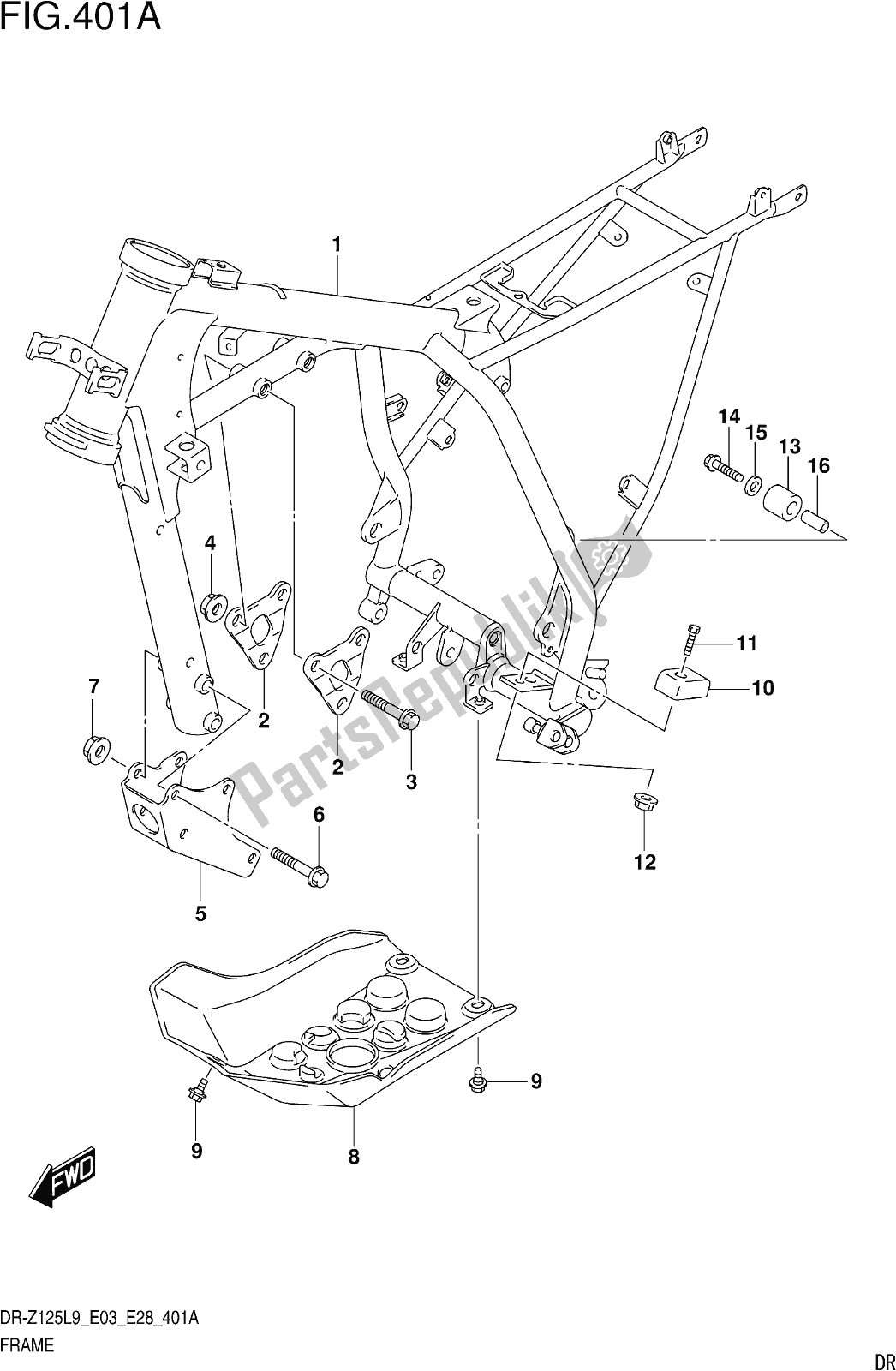 All parts for the Fig. 401a Frame of the Suzuki DR-Z 125 2019