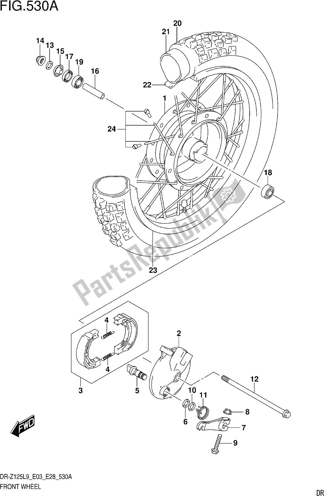 Todas as partes de Fig. 530a Front Wheel (dr-z125l9 E28) do Suzuki DR-Z 125 2019