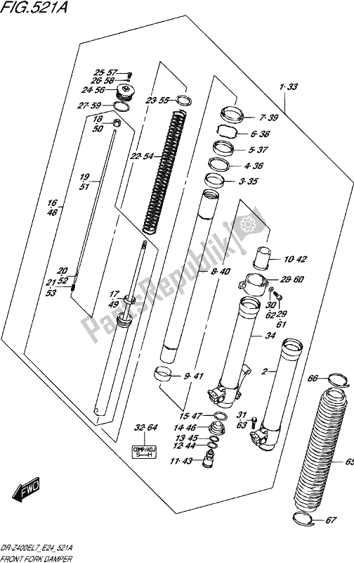 All parts for the Front Fork Damper of the Suzuki DR-Z 400E 2017