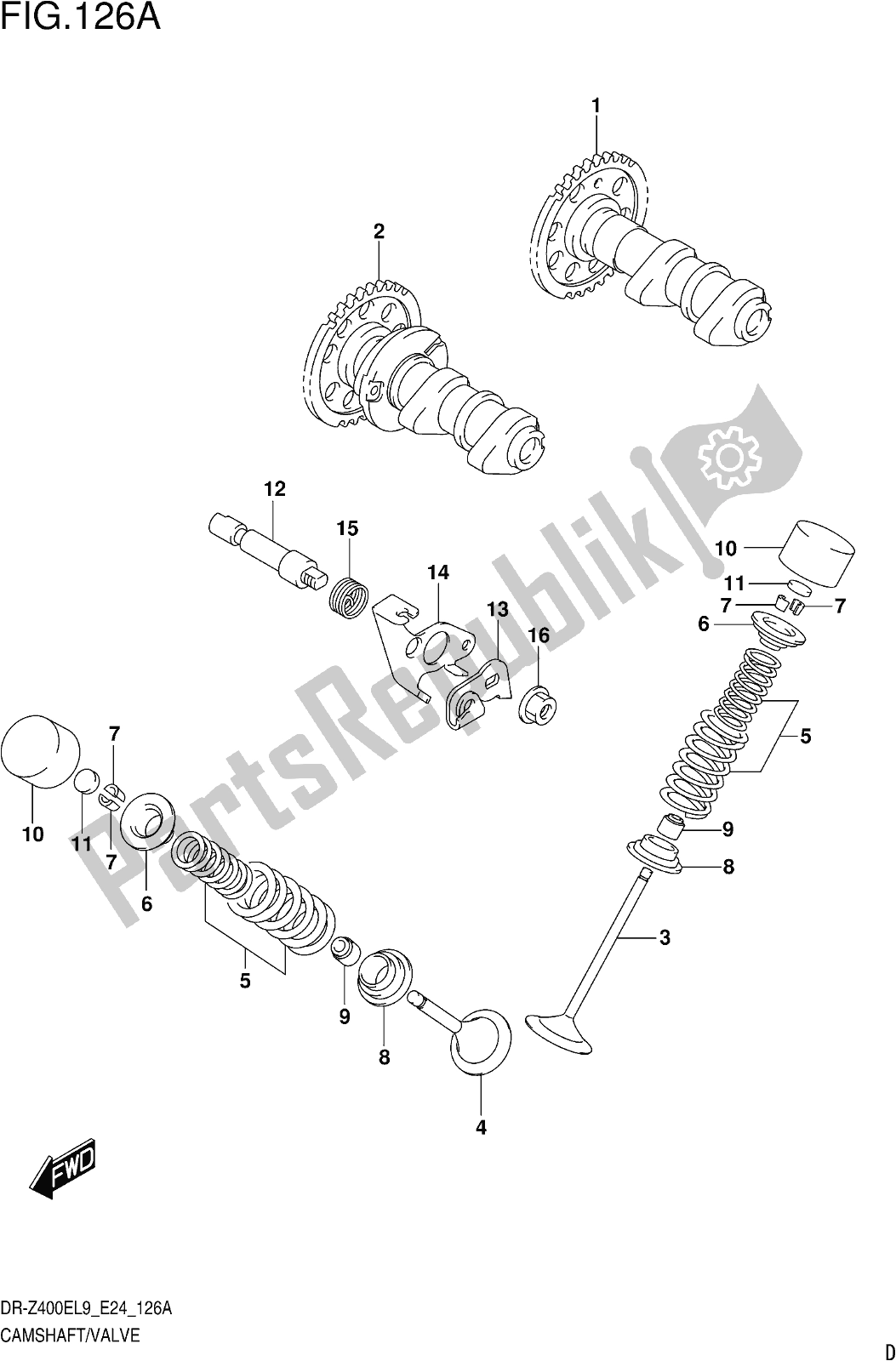 Alle onderdelen voor de Fig. 126a Camshaft/valve van de Suzuki DR-Z 400E 2019
