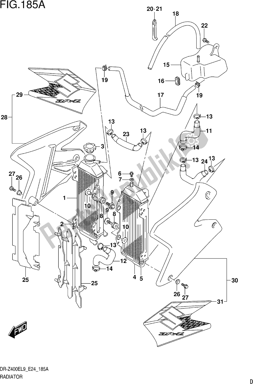 Alle onderdelen voor de Fig. 185a Radiator van de Suzuki DR-Z 400E 2019