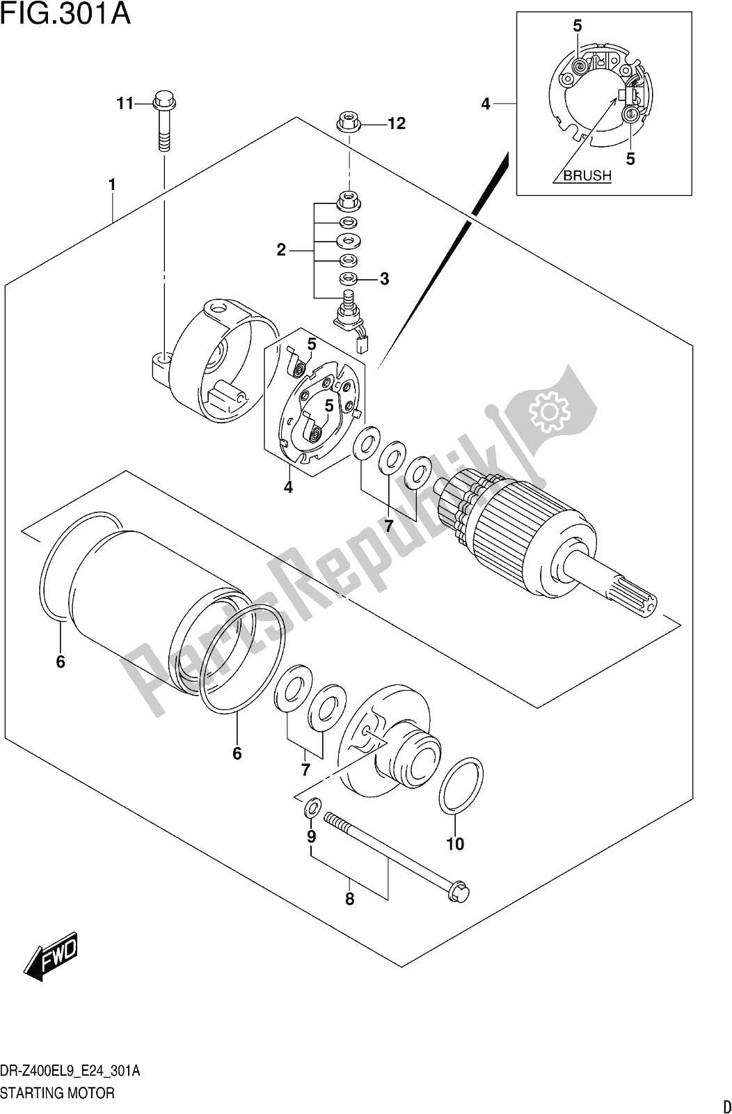 Alle onderdelen voor de Fig. 301a Starting Motor van de Suzuki DR-Z 400E 2019