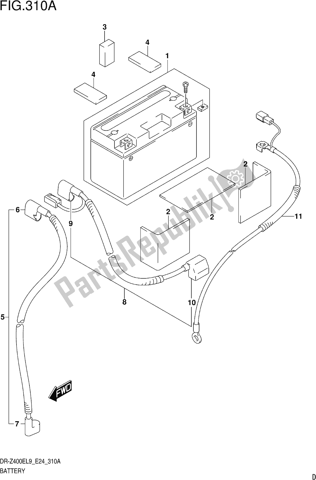 Alle onderdelen voor de Fig. 310a Battery van de Suzuki DR-Z 400E 2019