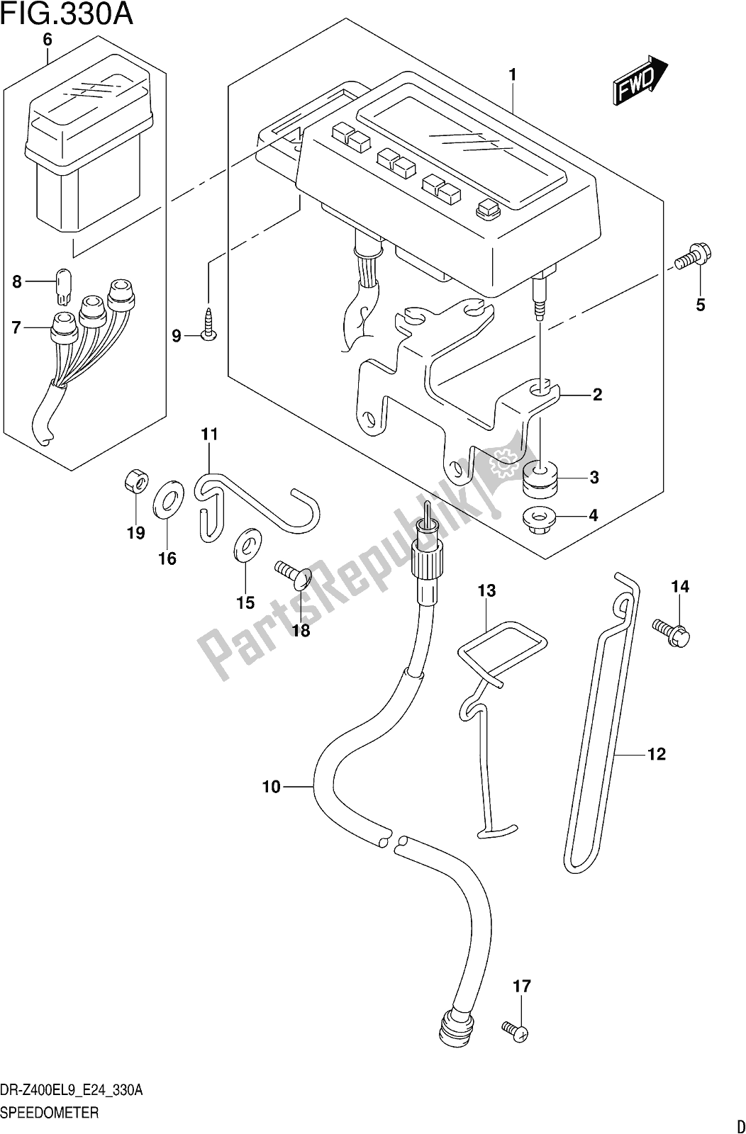 All parts for the Fig. 330a Speedometer of the Suzuki DR-Z 400E 2019