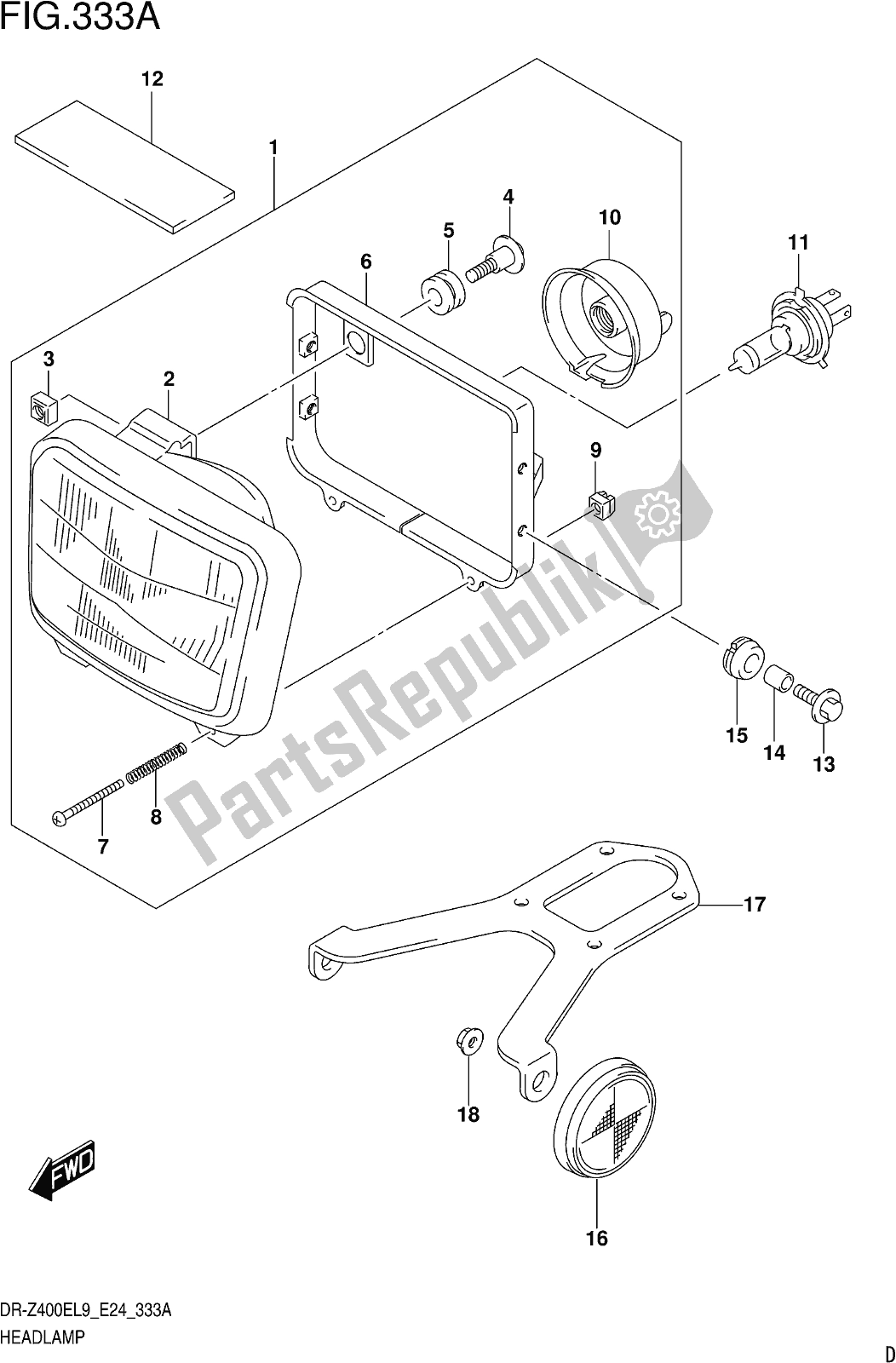 Alle onderdelen voor de Fig. 333a Headlamp van de Suzuki DR-Z 400E 2019