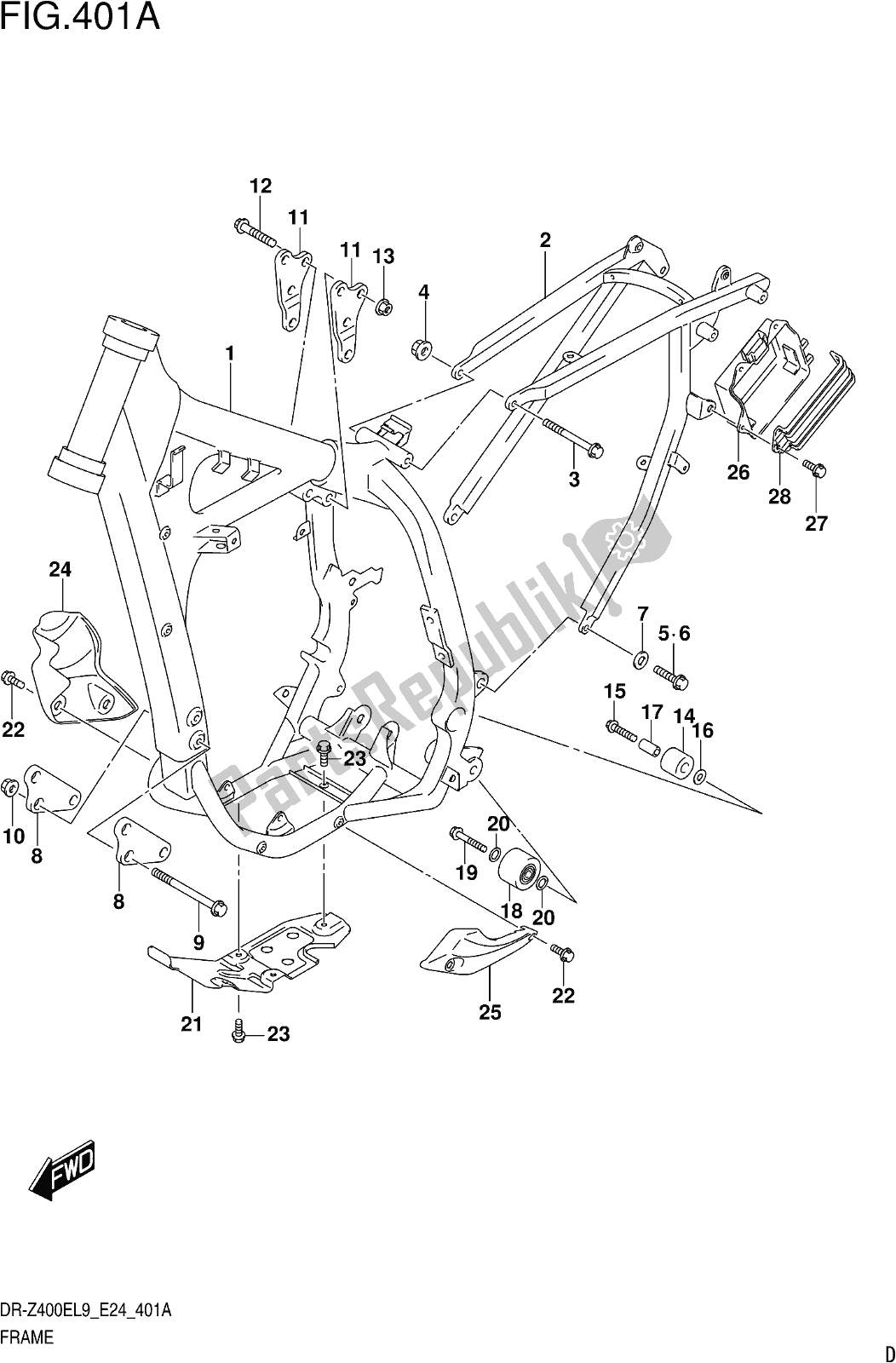 All parts for the Fig. 401a Frame of the Suzuki DR-Z 400E 2019