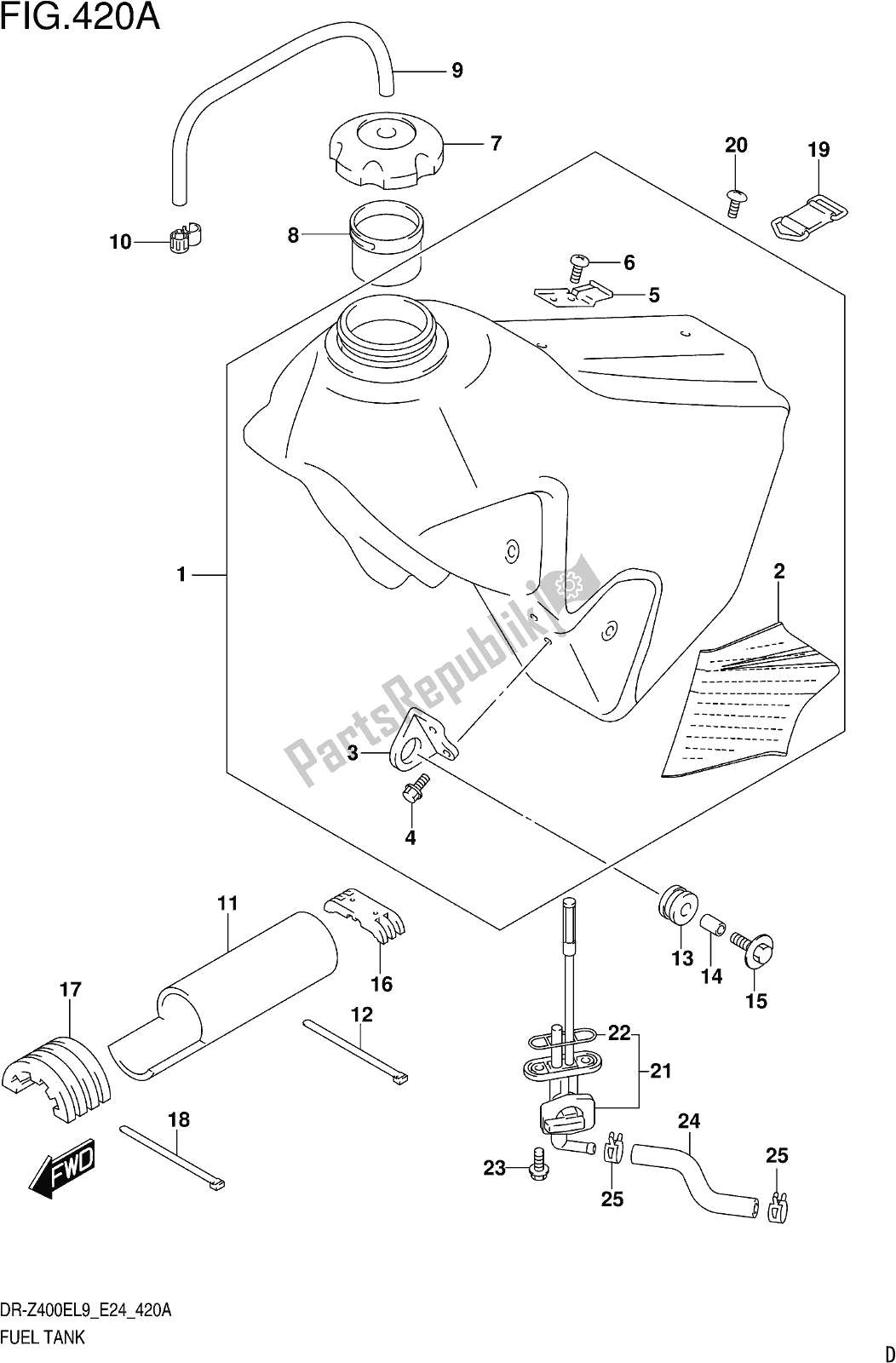 All parts for the Fig. 420a Fuel Tank of the Suzuki DR-Z 400E 2019