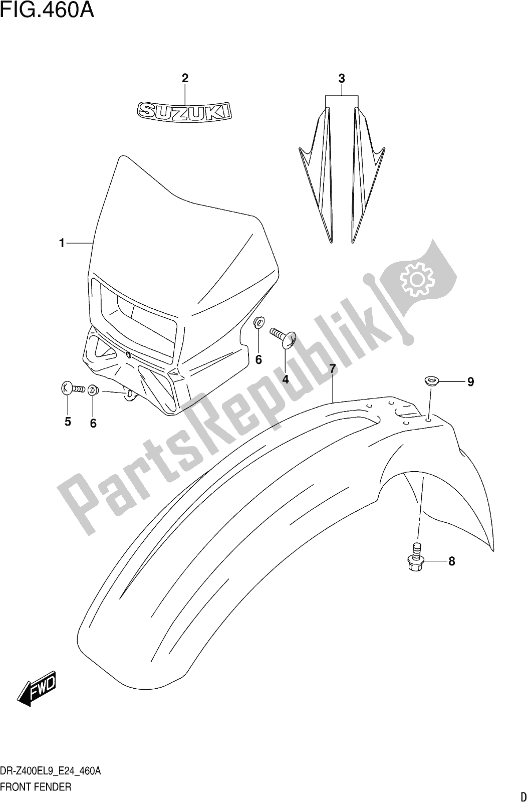 All parts for the Fig. 460a Front Fender of the Suzuki DR-Z 400E 2019