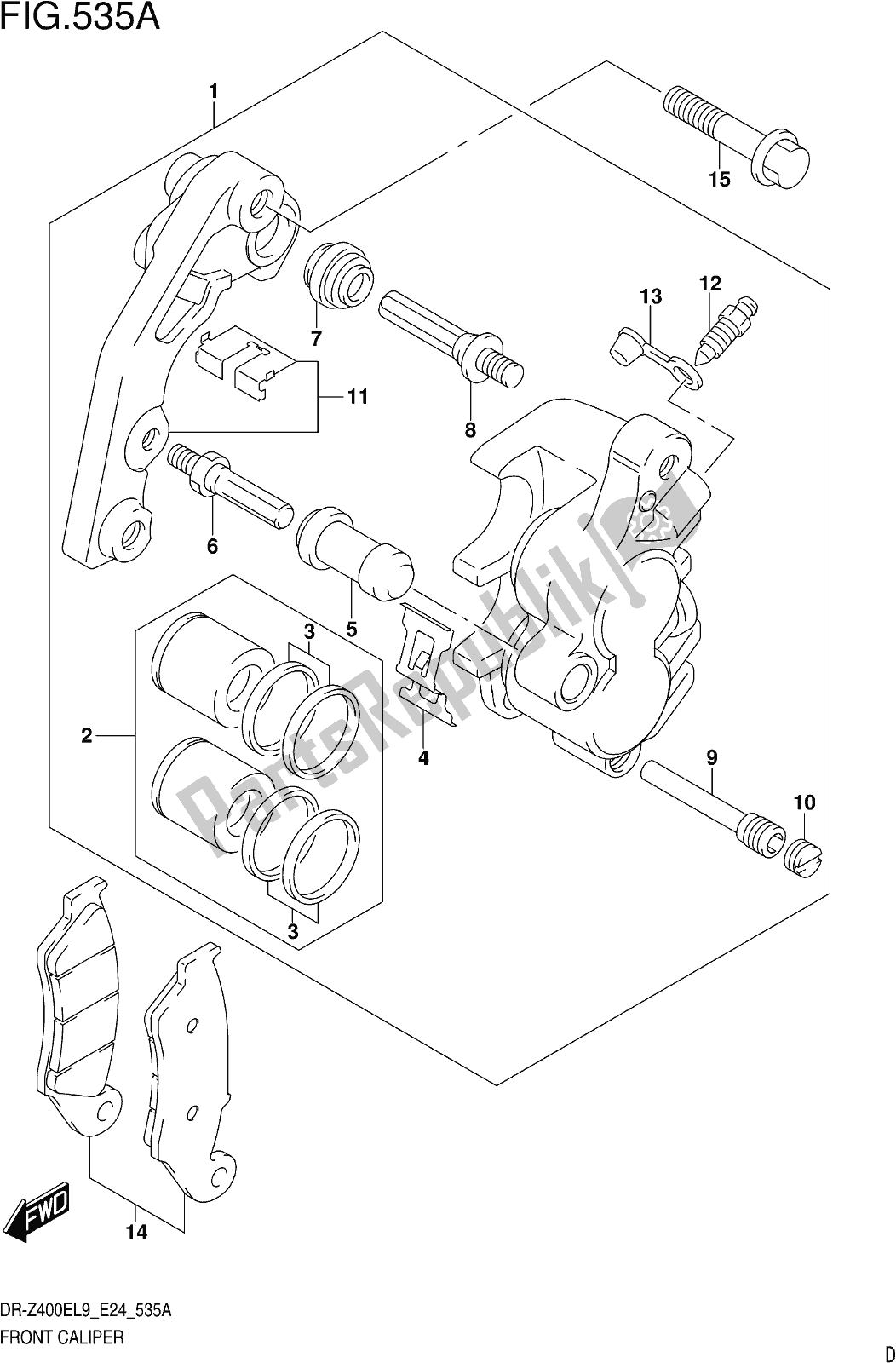 Alle onderdelen voor de Fig. 535a Front Caliper van de Suzuki DR-Z 400E 2019