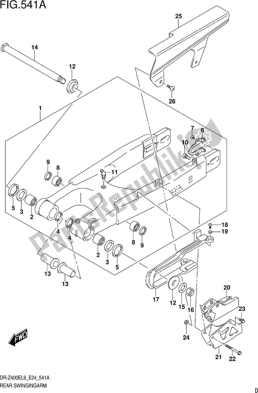 All parts for the Fig. 541a Rear Swingingarm of the Suzuki DR-Z 400E 2019