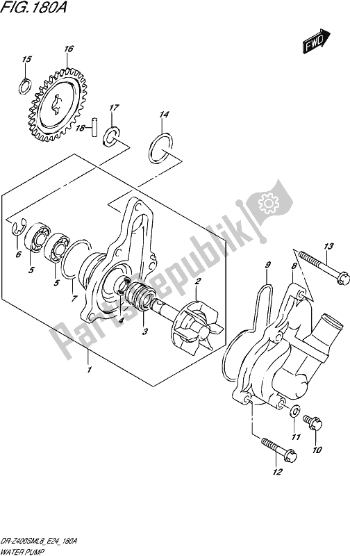 All parts for the Water Pump of the Suzuki DR-Z 400 SM 2018