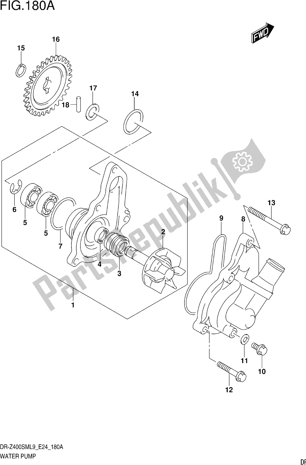 All parts for the Fig. 180a Water Pump of the Suzuki DR-Z 400 SM 2019
