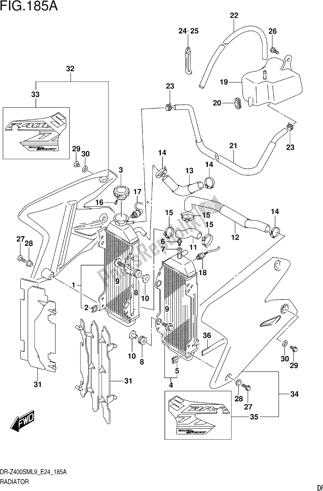All parts for the Fig. 185a Radiator of the Suzuki DR-Z 400 SM 2019