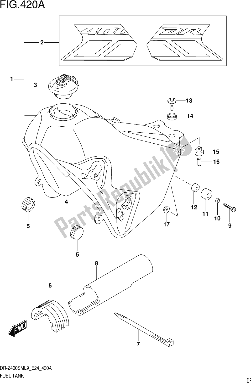 All parts for the Fig. 420a Fuel Tank of the Suzuki DR-Z 400 SM 2019